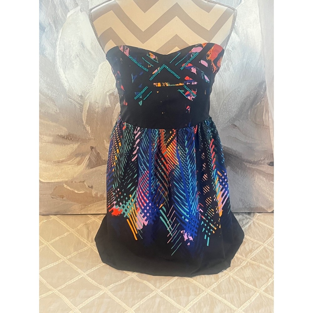 Colorful Short Roxy Beaded Strapless Dress -Bright Print w/ Smocked Back -Size M